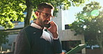 Business man, phone call and tablet in street, contact and reading notification with smile, update or review. Person, smartphone and digital touchscreen with app, talk and networking in Australia