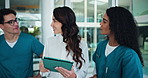 Team, medical discussion and people with tablet for healthcare schedule, planning and smile. Technology, nurses and collaboration with manager in hospital for meeting, research and diagnosis update