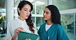 Team, medical discussion and women with tablet for healthcare schedule, planning and smile. Technology, nurses and collaboration with manager in hospital for meeting, research and diagnosis update