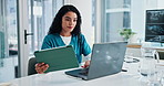 Laptop, woman and doctor with tablet at hospital with surgery, treatment or diagnosis plan. Digital technology, computer and professional female healthcare worker with online medical report in clinic