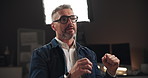 TV show, interview and man on set for filming with documentary, press or movie in studio. Recording, discussion and male journalist by lights for television public speaking with production equipment.