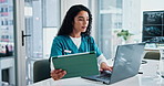 Laptop, tablet and doctor in office at hospital with surgery, treatment or diagnosis plan. Digital technology, computer and professional female healthcare worker with online medical report in clinic.