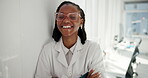 Healthcare, face and arms crossed with black woman in laboratory for clinical trial, science and laugh. Vaccine test program, medical research and pharmacy with person in hospital for innovation