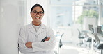 Doctor, face and arms crossed with woman in laboratory for clinical trial, science and medical. Vaccine test program, healthcare research and pharmacy with person in hospital for innovation expert