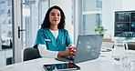 Face, nurse and happy woman with laptop in hospital for healthcare service, radiology or x ray results. Medical professional, computer and portrait of worker with online report for ct scan in Mexico