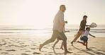 Parents, children and run for fun on beach with racing game, energy and bonding of summer vacation. Family, kids and playful for ocean activity, tropical holiday and travel adventure of getaway trip