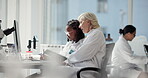 Scientist, assistance and people with computer, online and intern with notes, tablet and medical research. Teamwork, women and asking for advice in lab, helping and trainee with info for experiment