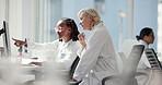 Women, computer and review in laboratory, team and advice for progress, drugs or point at pharmaceutical company. People, science and feedback with study for medical research with vaccine development