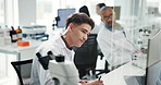 Computer, men and scientist talking to team for research results, writing notes or medicine development. Science collaboration, medical lab and experiment, chemistry or help with study for innovation