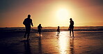 Family, silhouette and run with sunset on ocean of race game, energy and bonding of summer vacation. Back, parents and kids play with beach activity, tropical holiday and travel adventure for getaway