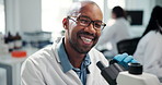 Doctors, microscope or face of happy man in hospital for clinical trial, science research or healthcare. Vaccine, sequence or laboratory with medical people in clinic for test, trust or confidence