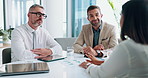 Business people, meeting and interview with paperwork for job opportunity, ideas or proposal at office. Group, employers or candidate with documents for hiring, recruiting or application at workplace