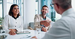 Handshake, clients and people in boardroom, agreement or smile for deal in business, paperwork or joy. Shaking hands, colleagues or happy for collaboration in office, meeting or success of investment