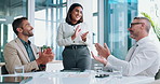 Business people, data and applause in meeting for success, investment profit or performance metrics. Happy team manager and clapping with financial charts, target achievement or celebration in office