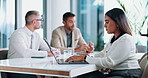 Laptop, research and business woman in office for finance, meeting and internship at venture capital. Computer, serious and employee reading email for private equity, investment revenue or coworking