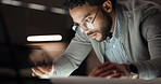 Creative, designer or man with draft for drawing vehicle sketch or editing skills in office overtime. Deadline, night or automotive stylist with car illustration, motor structure or project process 