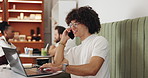 Phone call, consulting and man with smartphone, cafe and asking for feedback, web designer and laptop. Communication, freelancer and planning for layout with contact, smile and technology for design