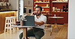 Phone call, planning or man on laptop in cafe for small business, supply chain or hospitality task. Restaurant schedule, online and coffee shop budget with mobile for reminder, research or feedback