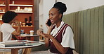 Phone call, talking or woman on tablet in cafe for small business, supply chain or hospitality task. Restaurant schedule, online or coffee shop budget with mobile for reminder, research or feedback