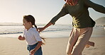 Child, running and mother for fun on beach for catching game, energy and bonding of summer vacation. Girl, family and playful for ocean activity, tropical holiday and travel adventure of getaway trip