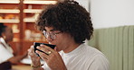 Thinking, happy man and drink coffee in cafe for relax, peace and morning vision with idea. Hot beverage, shop and customer with cup for latte, enjoying espresso or calm student with insight on break