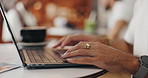 Hands, entrepreneur or woman on laptop in coffee shop for small business review, ratings or hospitality task. Restaurant schedule, online and cafe budget with closeup for profit, research or feedback