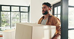 Man, relocation and moving box in home, walking and property investment or real estate mortgage. Carrying, cardboard package and owner of new house, purchase and residential achievement or rental