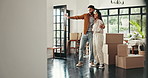 Planning, happy and couple with boxes in new home for property, moving or investment. Homeowner, real estate and man and woman embrace for bonding with ideas for mortgage, purchase house or apartment