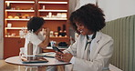 Coffee shop, phone and happy business woman typing, texting or trader reading investment notification. Mobile, cafe and freelance customer online for networking, financial email or check stock price