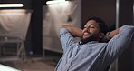 Happy, designer and man rest at night done with tasks, project and drawing for automobile prototype. Creative, artist and person relax, chill and on break with blueprint, papers and illustration