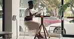 Scroll, tablet and remote work with black woman in cafe for hospitality manager, research and web. Digital, freelancer and restaurant with African person in coffee shop for planning and email