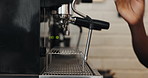 Hand, barista and person in cafe, machine and skills with caffeine, prepare latte and espresso. Closeup, employee and worker in coffee shop, service and hot beverage with hygiene and brewing process
