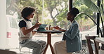 Coffee shop, business people and team discussion in meeting, remote work or solution on tablet. Collaboration, cafe and workers in conversation for planning, writing notes or copywriter with ideas