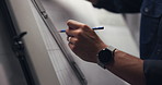 Hands, designer and drawing with ruler, board and lines for creativity, editing or process at company. Person, canvas and paper with tools, writing or sketch with project management at small business