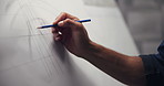 Hands, architect and drawing with building, board and lines for creativity, editing or process at company. Person, engineer and paper with pencil, writing or sketch with project management at agency