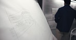Canvas, building and drawing with design in studio, lines and architect with creativity at company. Person, engineer and back with paper, writing and sketching with project management at agency