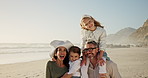 Face, family and carry on shoulder at beach for summer vacation, travel fun and bonding together. Parents, kids and tropical ocean with freedom for holiday getaway, weekend journey and playful game