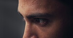 Thinking, eyes and man with vision closeup, insight or reflection on gray studio background. Idea, face and zoom with person planning decision, problem solving and inspiration with macro for mindset