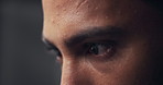 Thinking, eyes and man with idea closeup, insight or zoom on gray studio background. Vision, face and reflection with person planning decision, problem solving and inspiration with macro for mindset