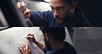 Man, drawing and design for car in montage, workshop and editing process for deadline at night. Person, paper and canvas with sketch for electric vehicle, transport and wheel in studio at company