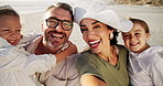 Parents, selfie and children at beach with face, smile and excited for vacation, adventure and love in summer. People, mother and father with kids, family and photography for memory by sea in Spain