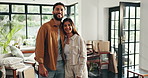 New home, happy and face of couple hug for property, moving day and investment. Homeowner, real estate and portrait of man and woman embrace for bonding with for mortgage, purchase house or apartment