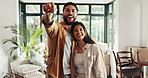 New home, happy and face of couple with keys for property, moving and investment. Homeowner, real estate and portrait of man hug woman with keychain for mortgage, house purchase and rental apartment