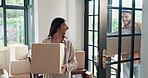 New home, happy and couple with boxes for moving, property and investment in house. Homeowner, real estate and excited man and woman with packages for mortgage, purchase and rental apartment together