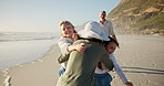 Children, run and hug mom at beach with father, excited or bonding with love on vacation in summer. People, parents and kids on holiday, family and playful with embrace, care or smile by sea in Italy