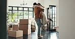 New home, happy and couple hug excited for property, moving day and investment. Homeowner, real estate and man and woman embrace for love, bonding and care in new house, purchase and rental apartment