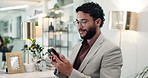 Business, connection and man in office, cellphone and funny meme with digital app. Happy person, journalist and magazine editor in workplace, smartphone and internet with communication or mobile user