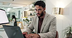 Mockup, accounting or businessman on laptop for budget savings, news update or research. Financial space, audit or investment banker typing online for money management, taxes review or profit growth