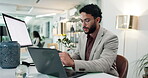 Phone, finance or businessman with laptop for company budget savings, news or research. Mockup space, PC monitor or investment banker typing online for money management, taxes review or profit growth