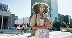 Student, notebook and walking with woman in college for scholarship, education and future. Happy, learning and gen z with African person on University campus for knowledge, academy and smile